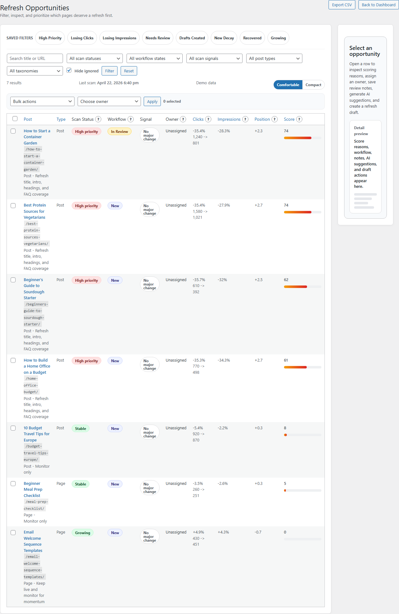 Refresh opportunities table with saved filters, workflow states, owners, and scoring.