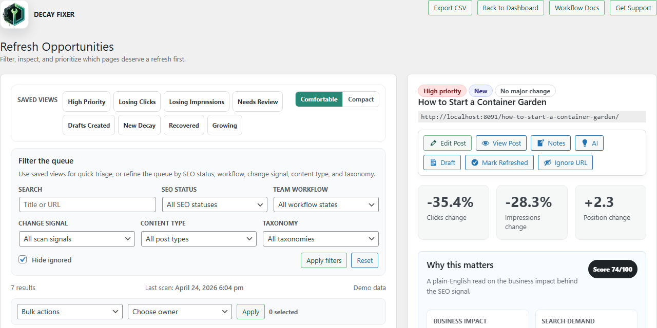 Opportunity detail panel with score reasons, workflow actions, notes, and premium refresh controls.
