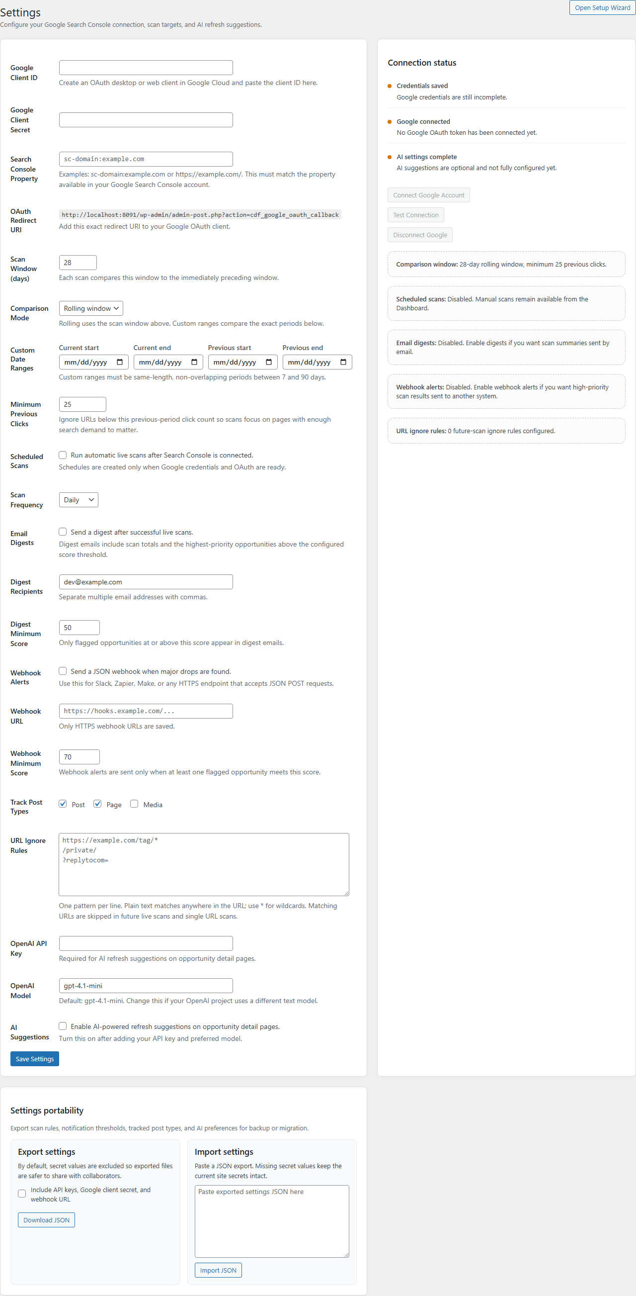 Settings screen for Search Console, scan rules, notifications, AI, and import export tools.